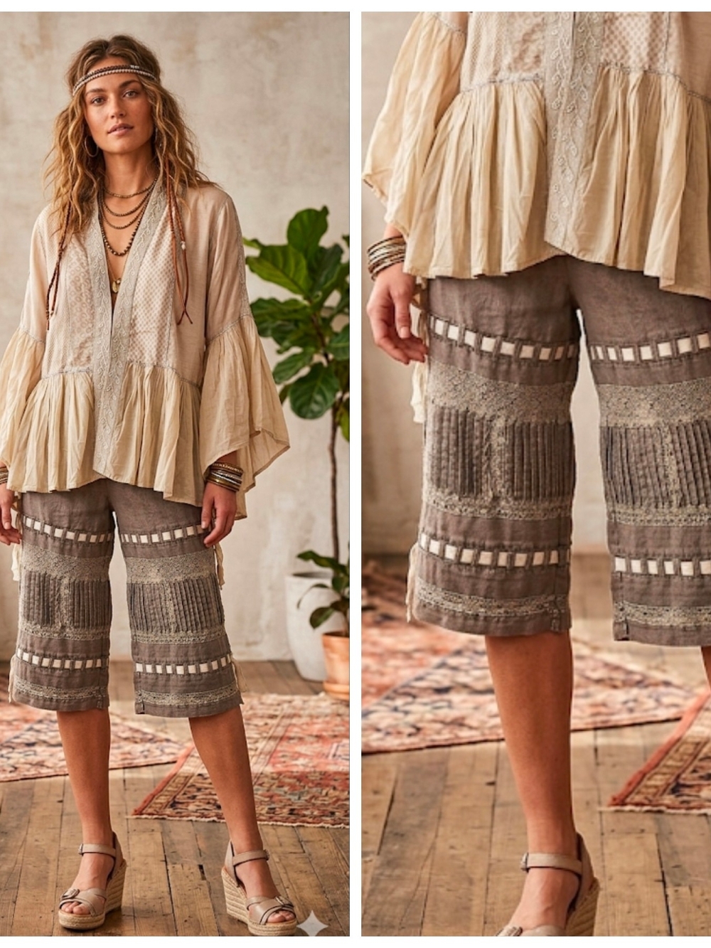 Bohemian Embroidered Crop Lace Trim  Pants